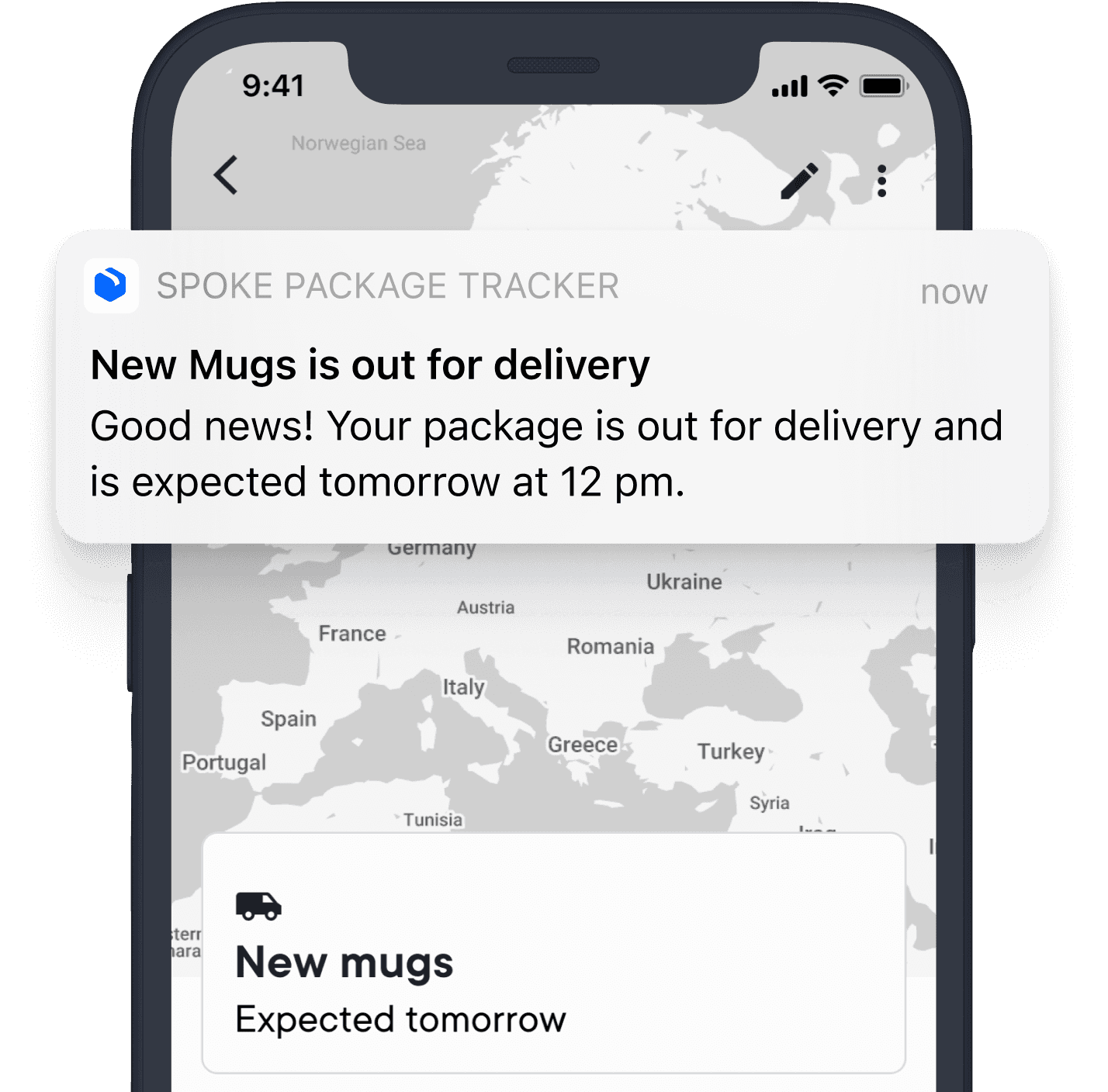 Notification on a smartphone screen from SPOKE PACKAGE TRACKER that says New Mugs is out for delivery with a message stating the package is expected tomorrow at 12 pm. The background shows a map of Europe on a delivery tracking app.